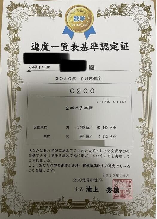 次男の進度一覧表基準認定証(小1・9月末でC200)